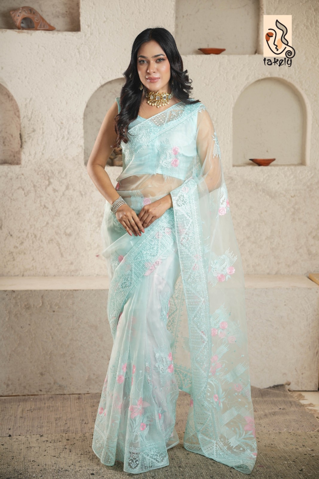 Light Sky Color Organza Silk Embroidery Saree With Running Blouse | EMB-301