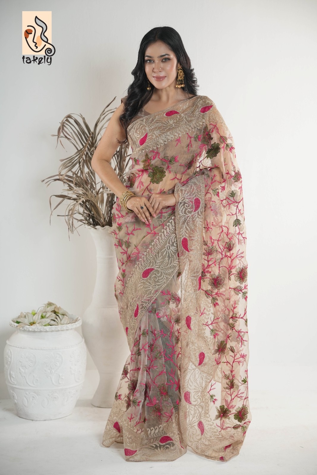 Nude Color Organza Silk Embroidery Saree With Running Blouse | EMB-302