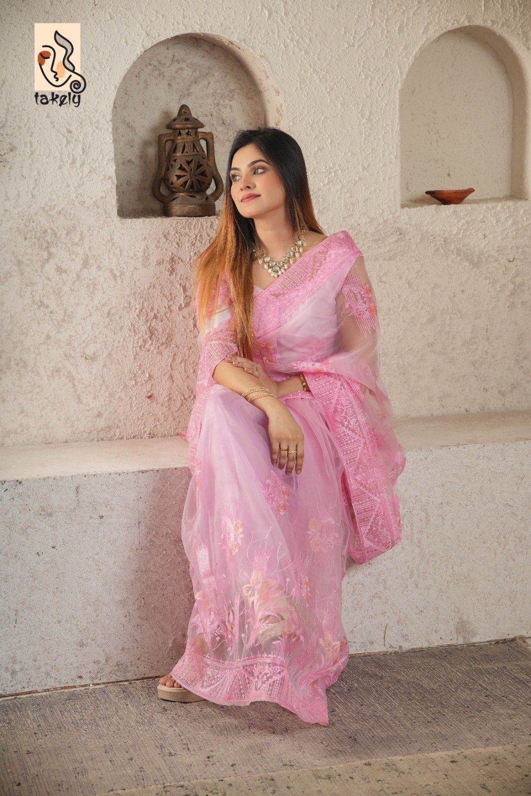 Baby Pink Color Organza Silk Embroidery Saree With Running Blouse | EMB-303