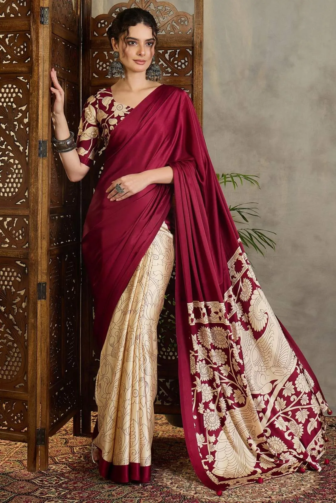 Vintage Maroon Kalamkari Printed Soft Silk Saree | P00102