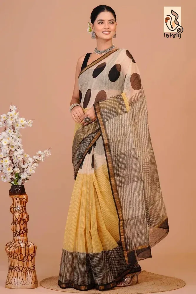 Traditional Block Design Digital Print Kota Doria Cotton Saree - Multicolour | P00120