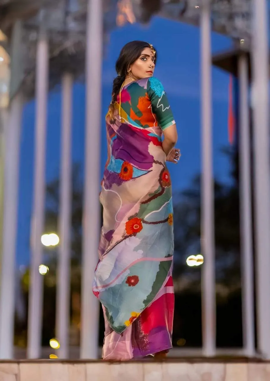 Soft Glossy Silk Digital Print Saree With Unstitched Blouse Piece | P00122
