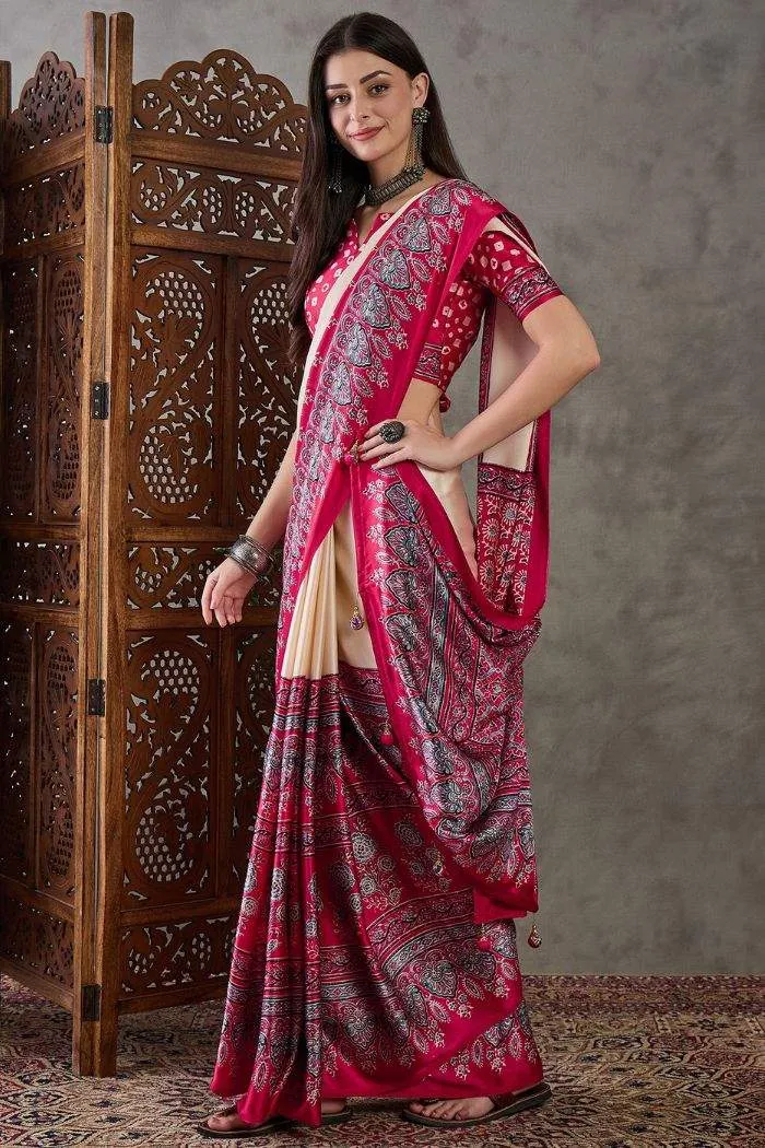 Dust Cream and Red Ajrakh Printed Soft Takely Silk Saree | P00124