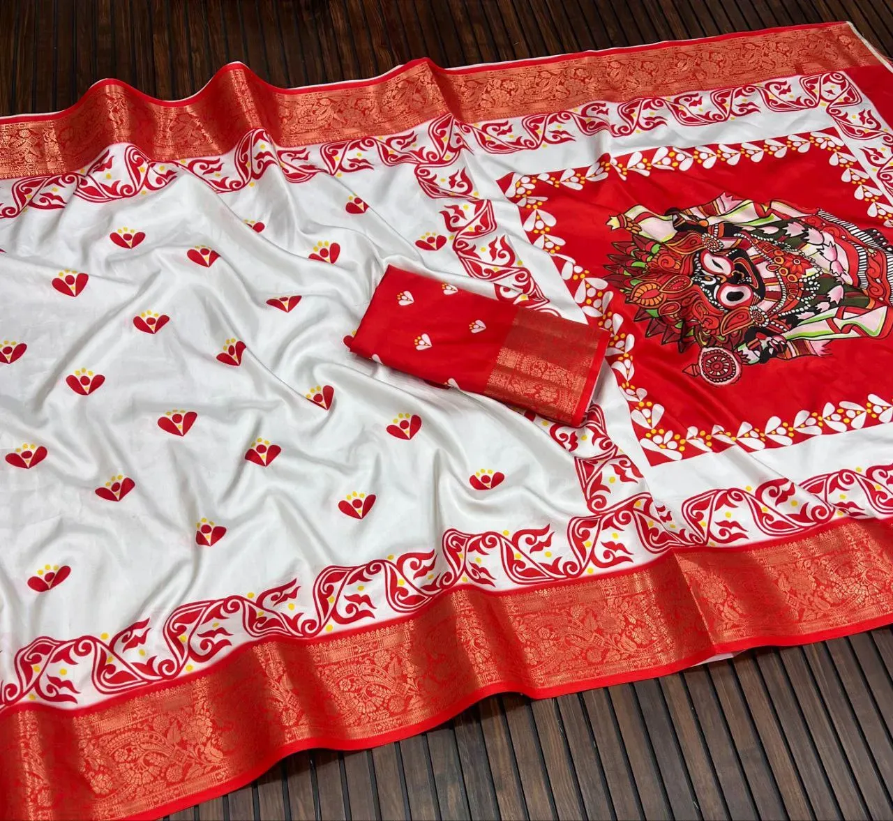 Premium Katan Silk Durga Puja Digital Print Saree | P00125