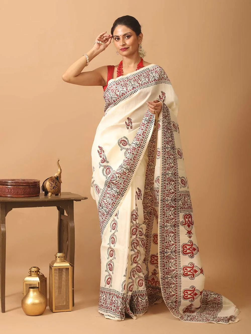 Cream Pure Soft Silk Saree with Red-Black Digital Prints | P00129