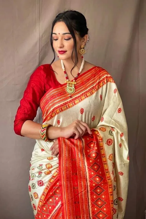 Bengali Red and white saree for Durga puja I | P00133