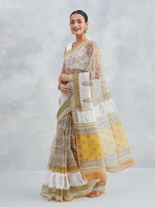 Traditional Block Design Digital Print Kota Doria Cotton Saree | P00138
