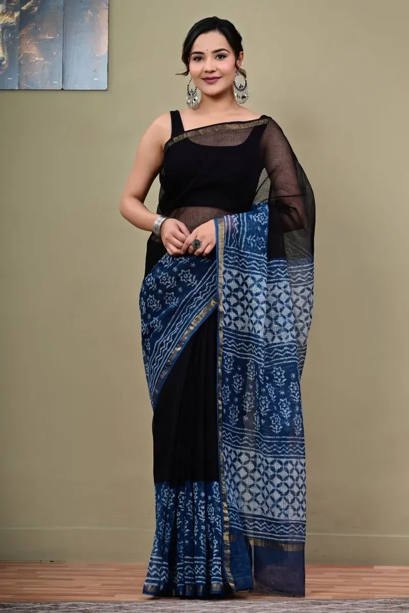 Traditional Block Design Digital Print Kota Doria Cotton Saree | P00014
