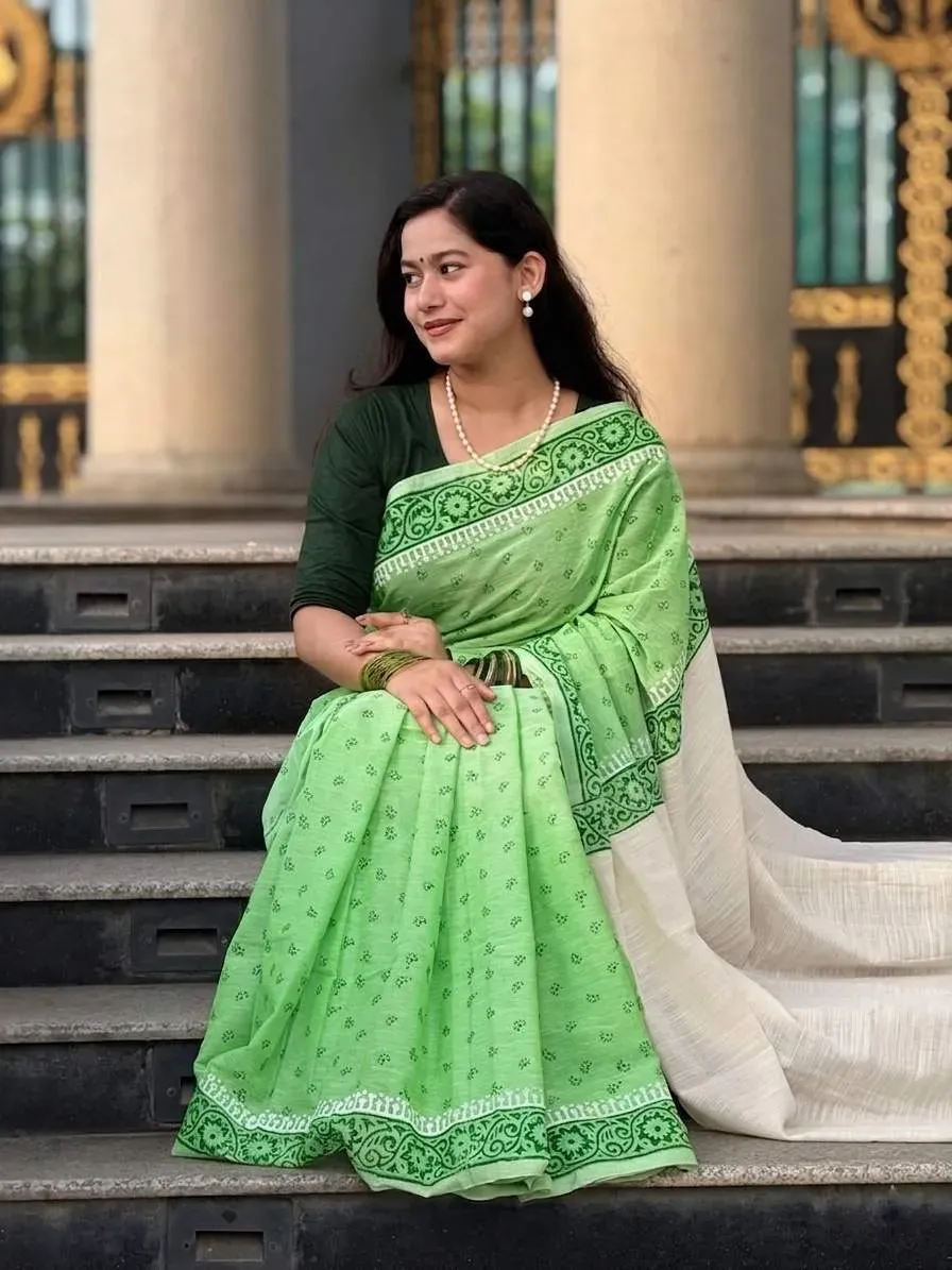 Handloom Cotton Hand block Printed Saree | P00143