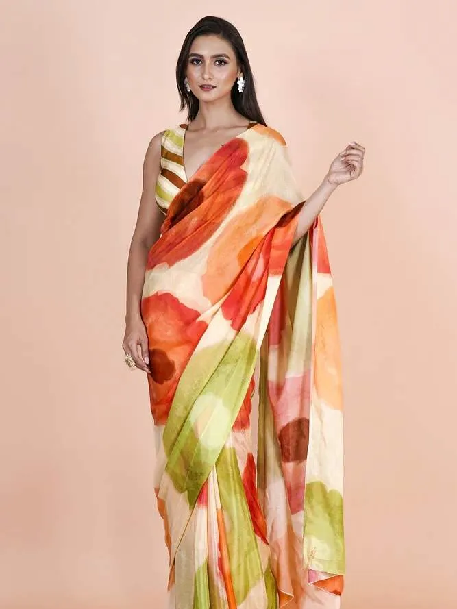 Multicolor Glossy Soft Silk Digital Print Saree with Unstitched Blouse Piece | P00146