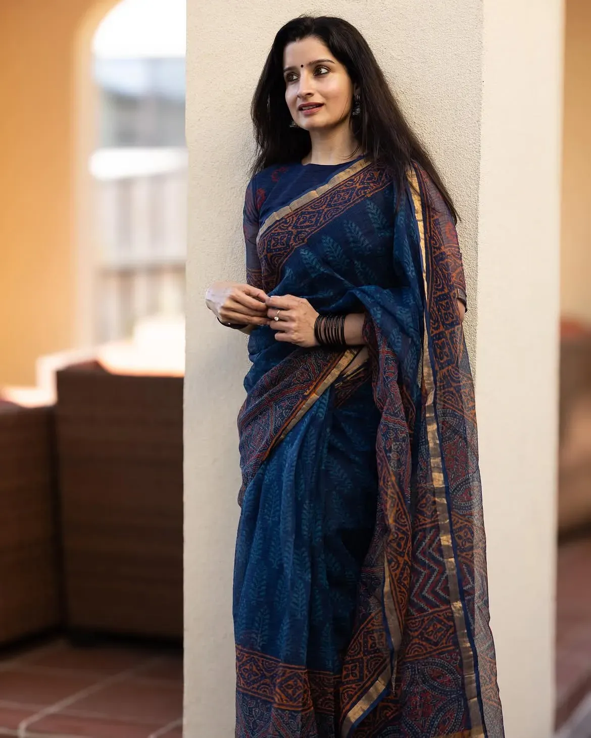 Traditional Block Design Digital Print Kota Doria Cotton Saree | P00015