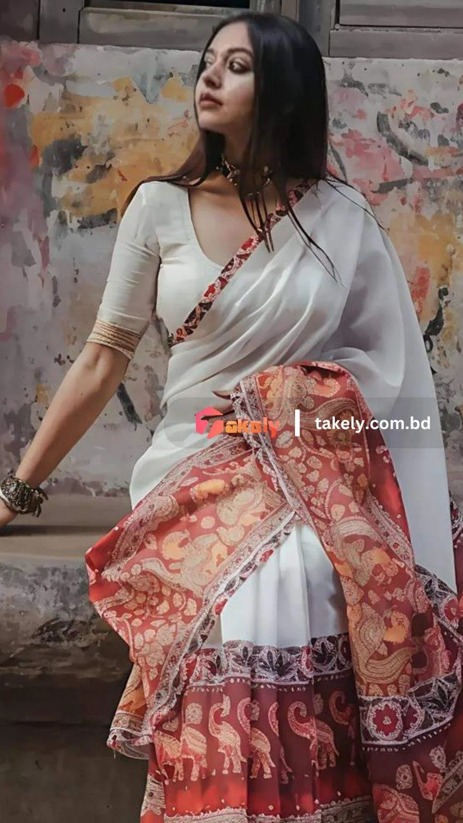 White Leaf Digital Printed Linen Cotton Saree | P00155