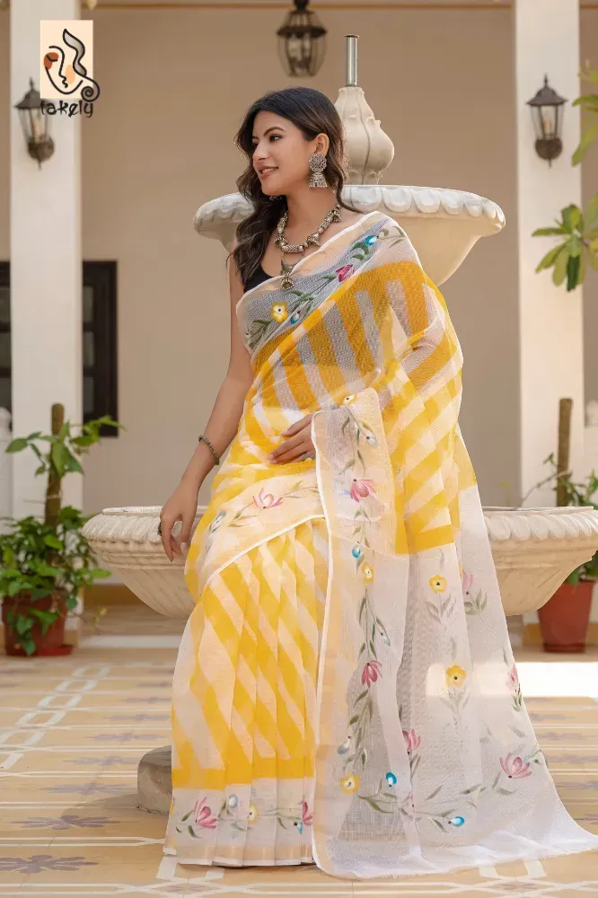 Traditional Block Design Digital Print Kota Doria Cotton Saree | P00017