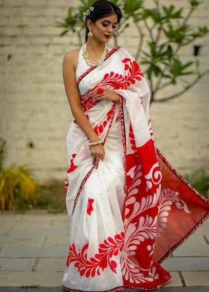 White and Red soft Silk Saree With Blouse Piece | P00170