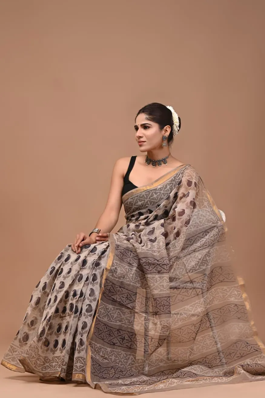 Navy Floral Hand Block Printed Kota Doria Saree | P00018
