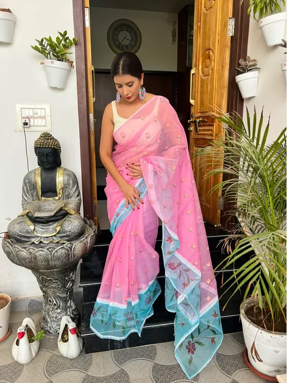 Beautiful Kota Doriya Saree with Lace Work and Blouse Piece | P00216