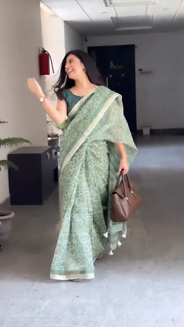 Traditional Block Design Printed Kota Doria Cotton Saree | P00022
