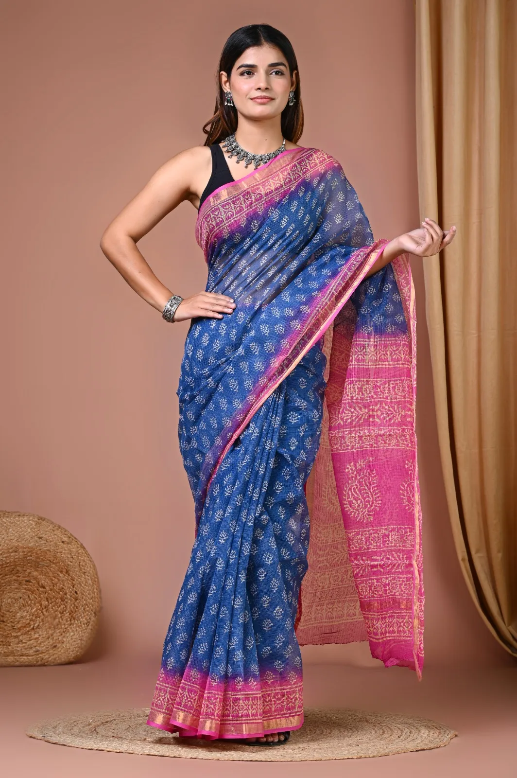 Blue & Pink Block Printed Cotton Kota Sari with Blouse | P00224
