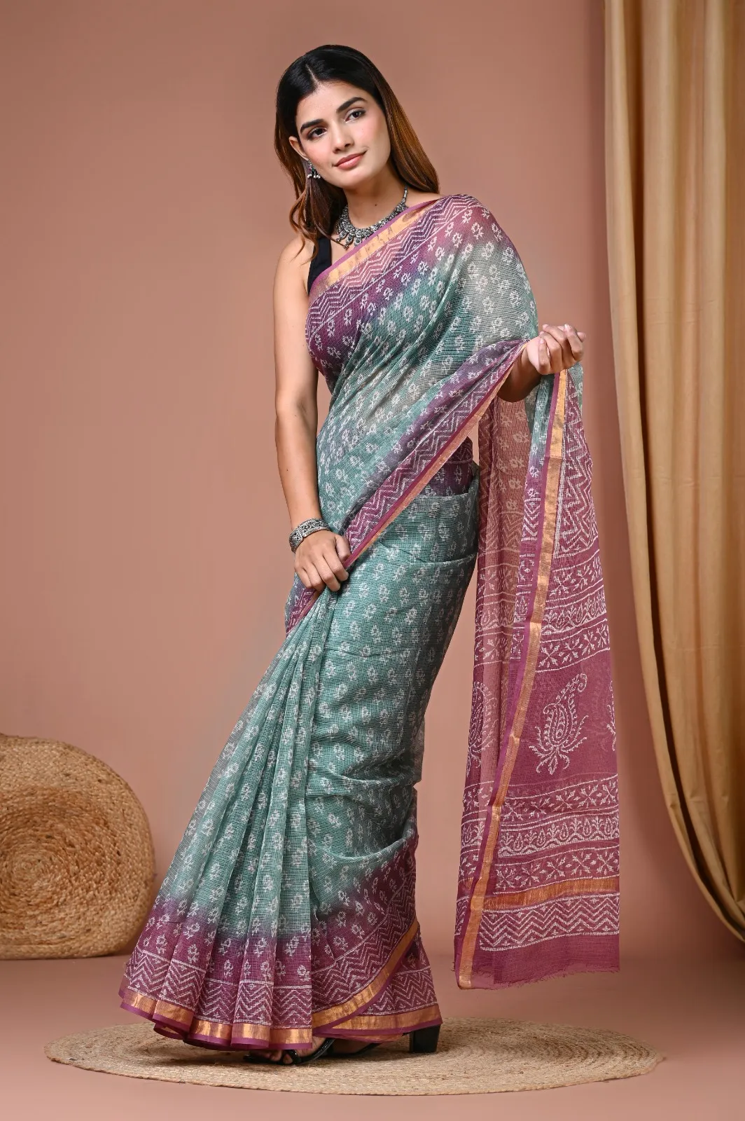 Purple & Teal Printed Cotton Kota Sari with Blouse | P00225