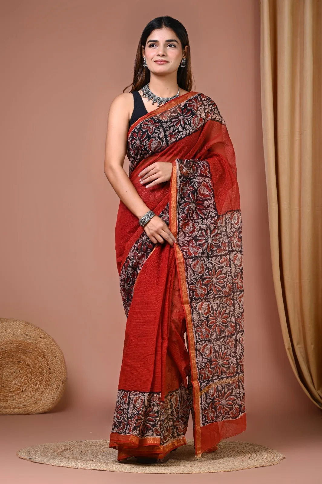 Bagru Red Putaai Printed Cotton Kota Sari with Blouse | P00226