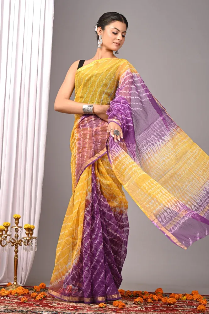 Yellow and Purple Batik Printed Cotton Kota Sari with Blouse | P00227