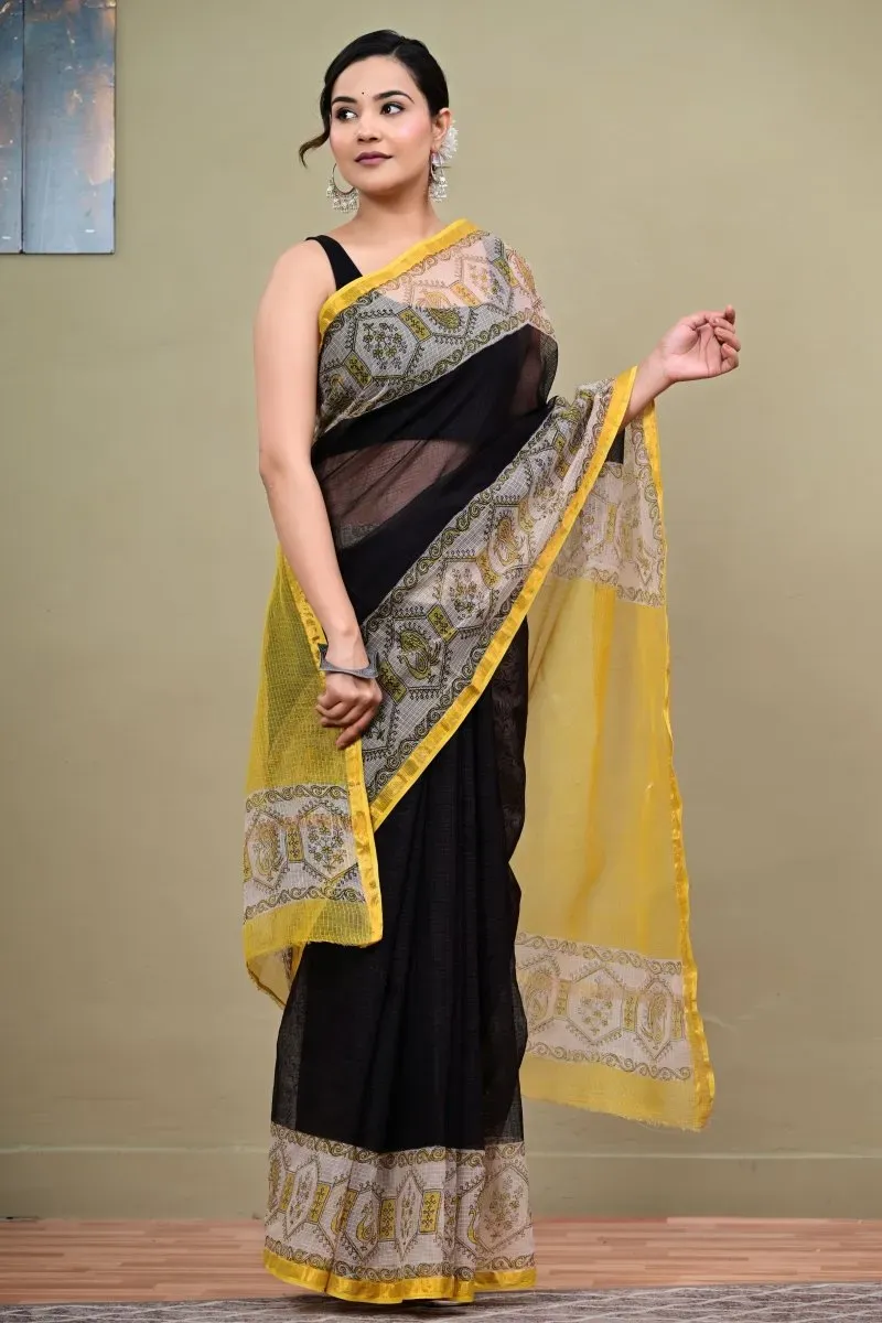 Traditional Block Design Digital Print Kota Doria Cotton Saree | P00025