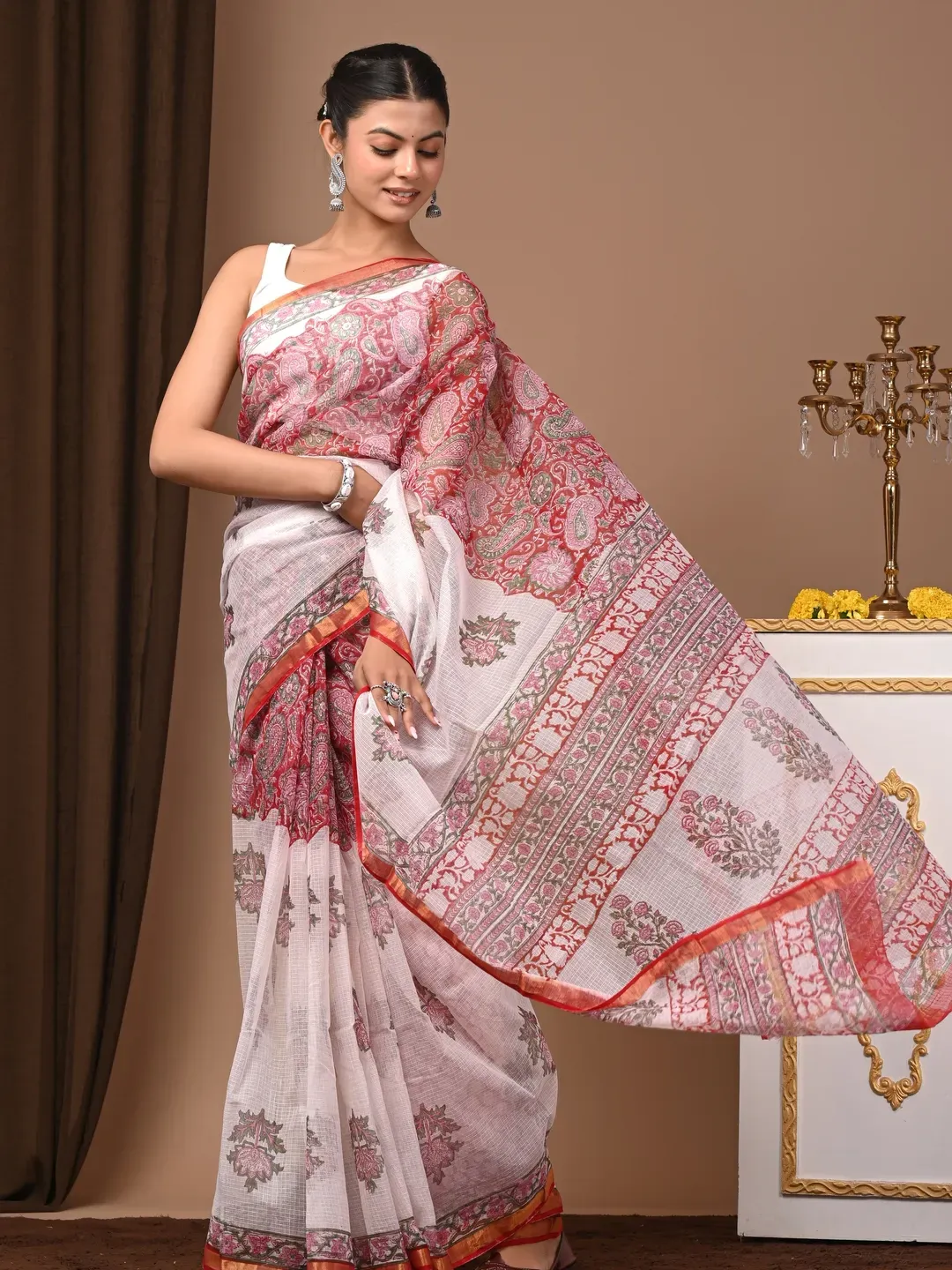 Traditional Block Design Digital Print Kota Doria Cotton Saree | P00030