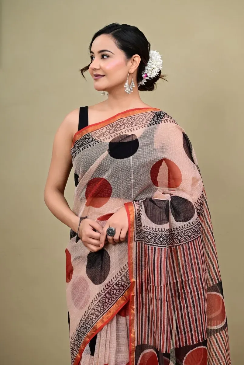 Traditional Block Design Digital Print Kota Doria Cotton Saree | P00037