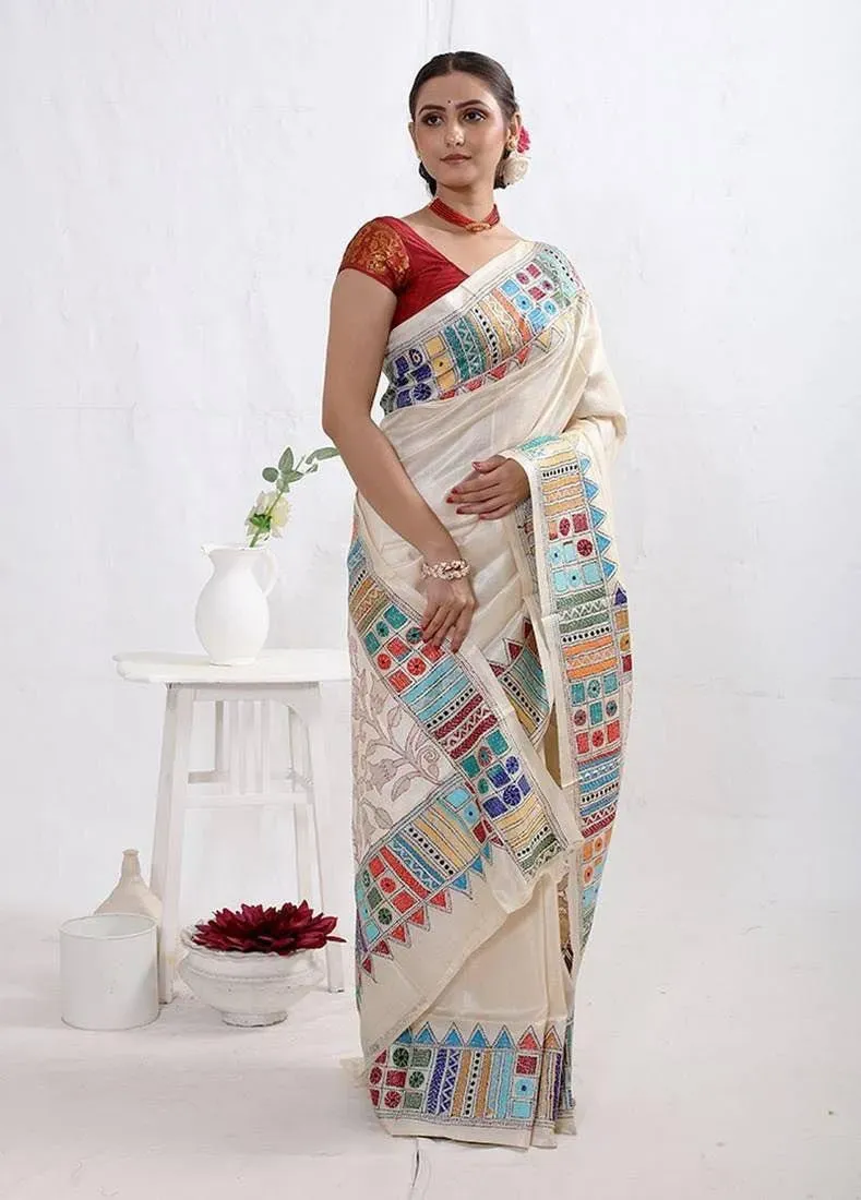 Cream Kantha Stitch Print Pure Silk Saree With Blouse Piece | P00042