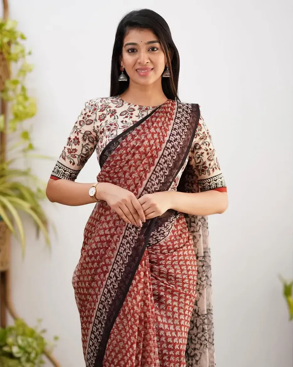 Traditional Block Print Kota Doria Cotton Saree | P00045