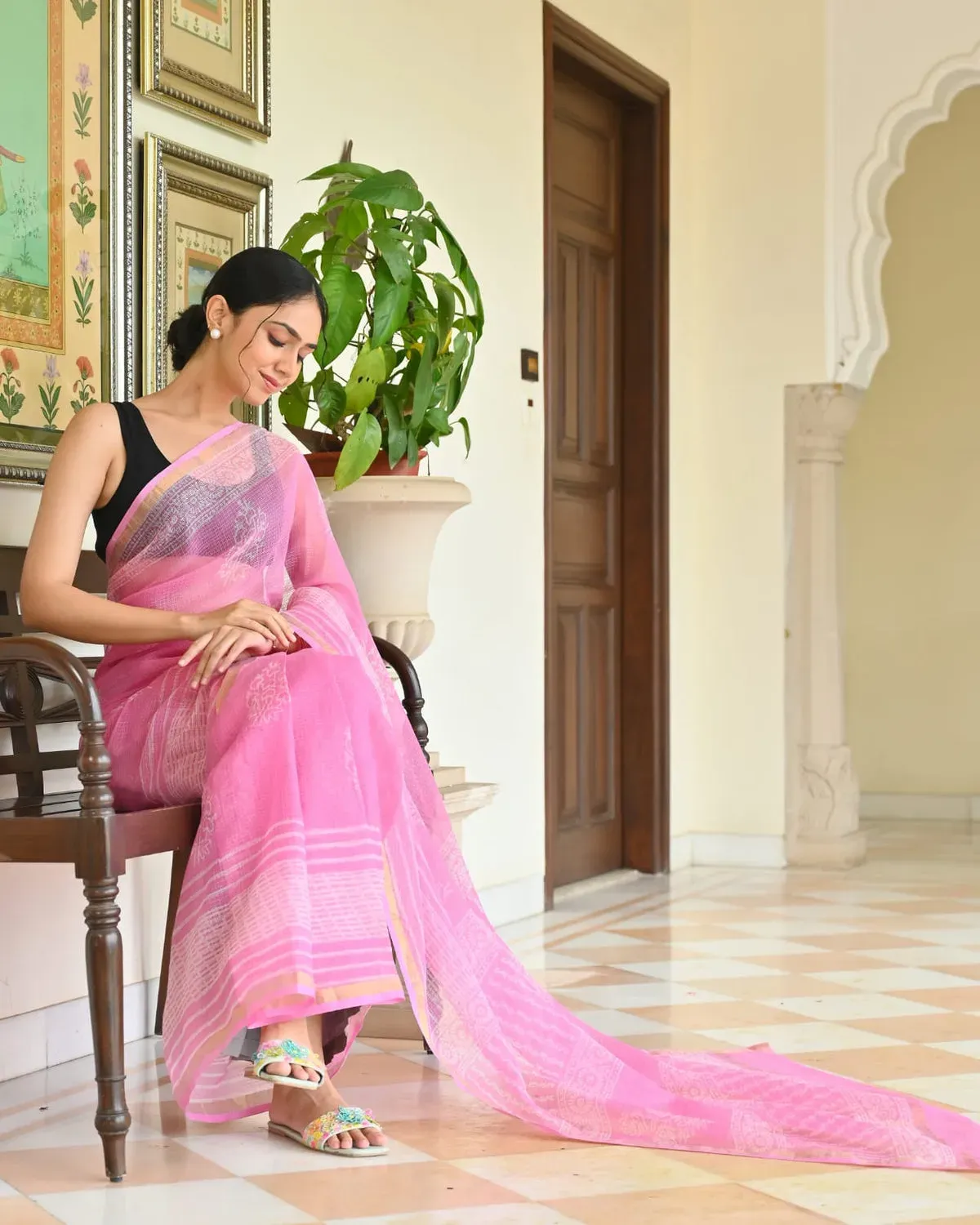 Traditional Block Design Digital Print Kota Doria Cotton Saree | P00050