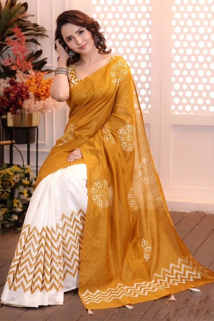 Mustard And White Chanderi Silk Digital Print Saree With Unstitched Blouse Piece | P00058
