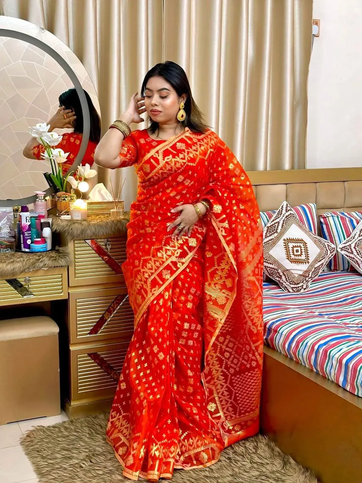 60/80 Count Jori Sutar Tant Jamdani Saree With Blouse Piece | P00064
