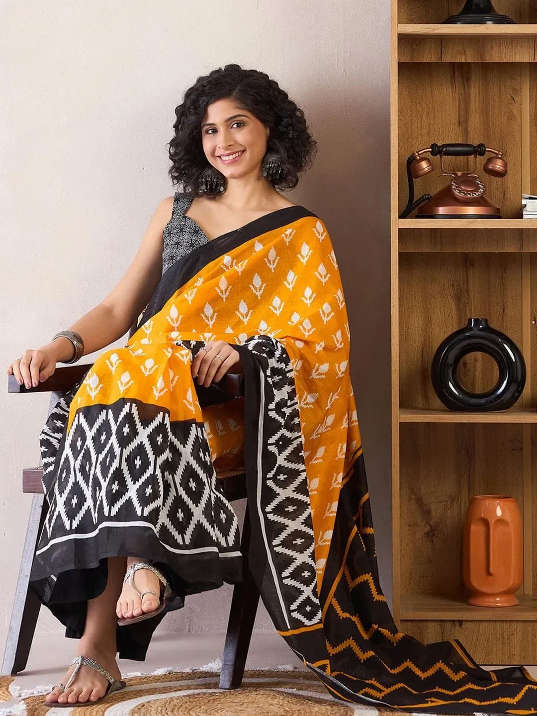 Ikat Design Digital Printed Chanderi Silk Saree With Blouse Piece | P00067
