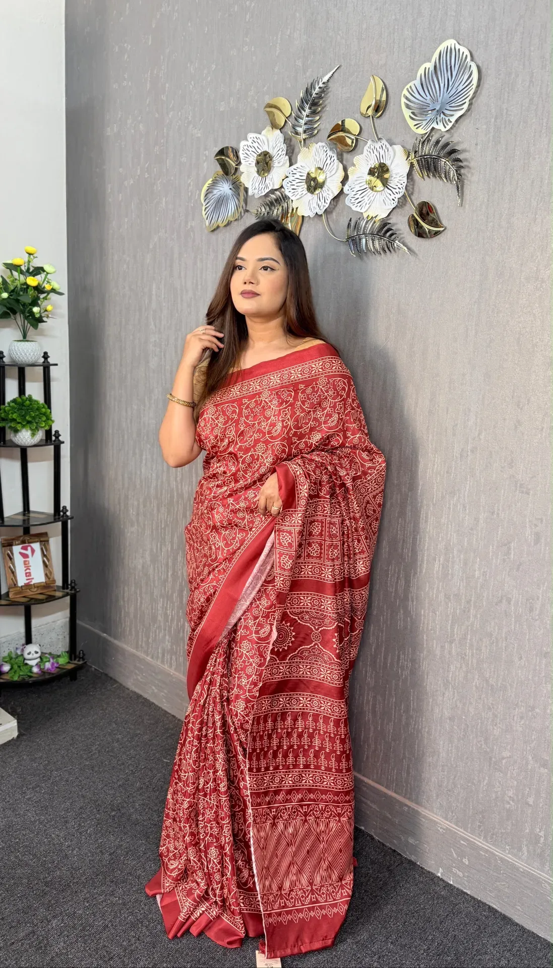 Soft Glossy Silk Ajrakh Design Digital Print Saree | P00068