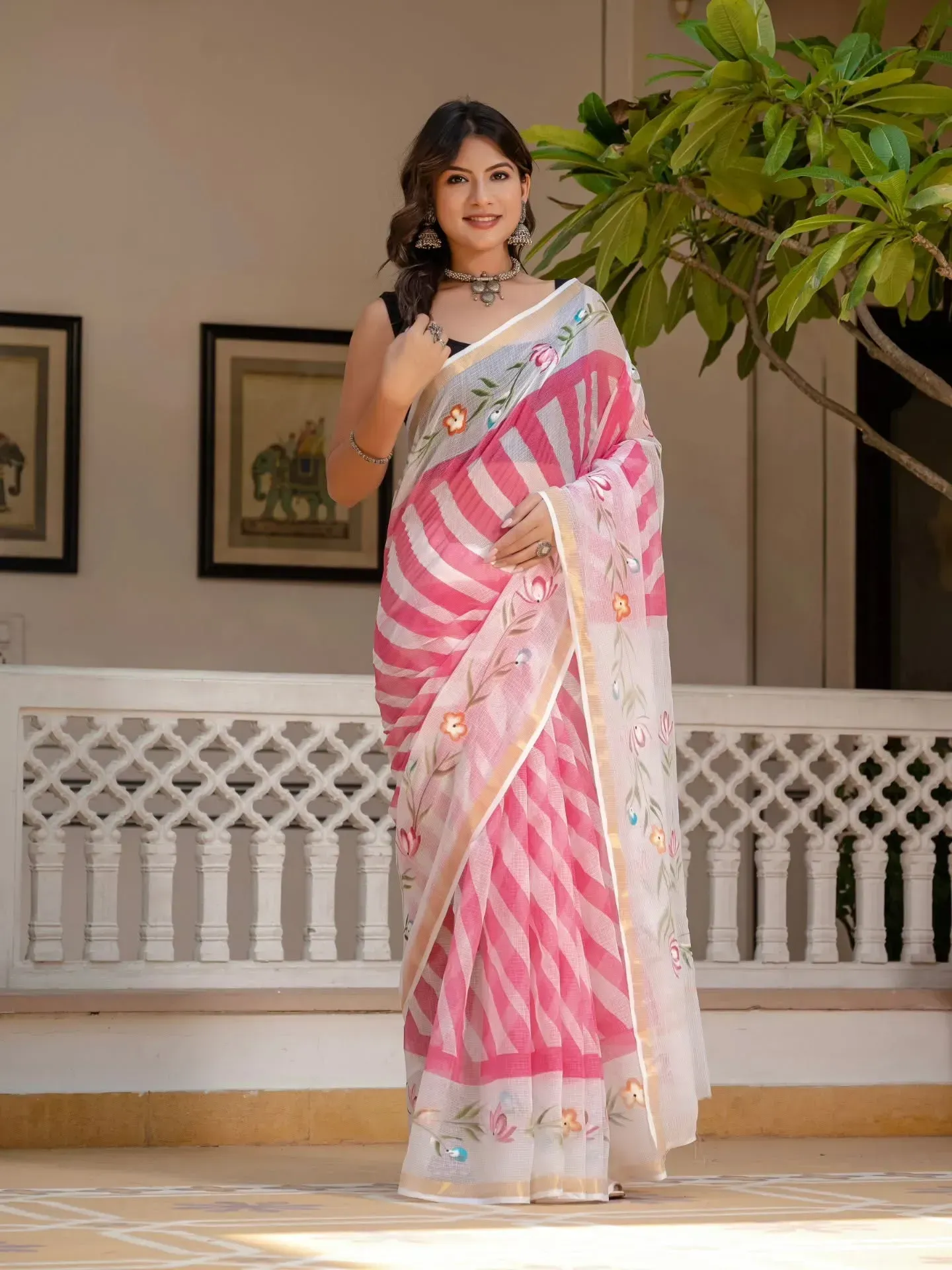 Traditional Block Print Kota Doria Cotton Saree | P00069