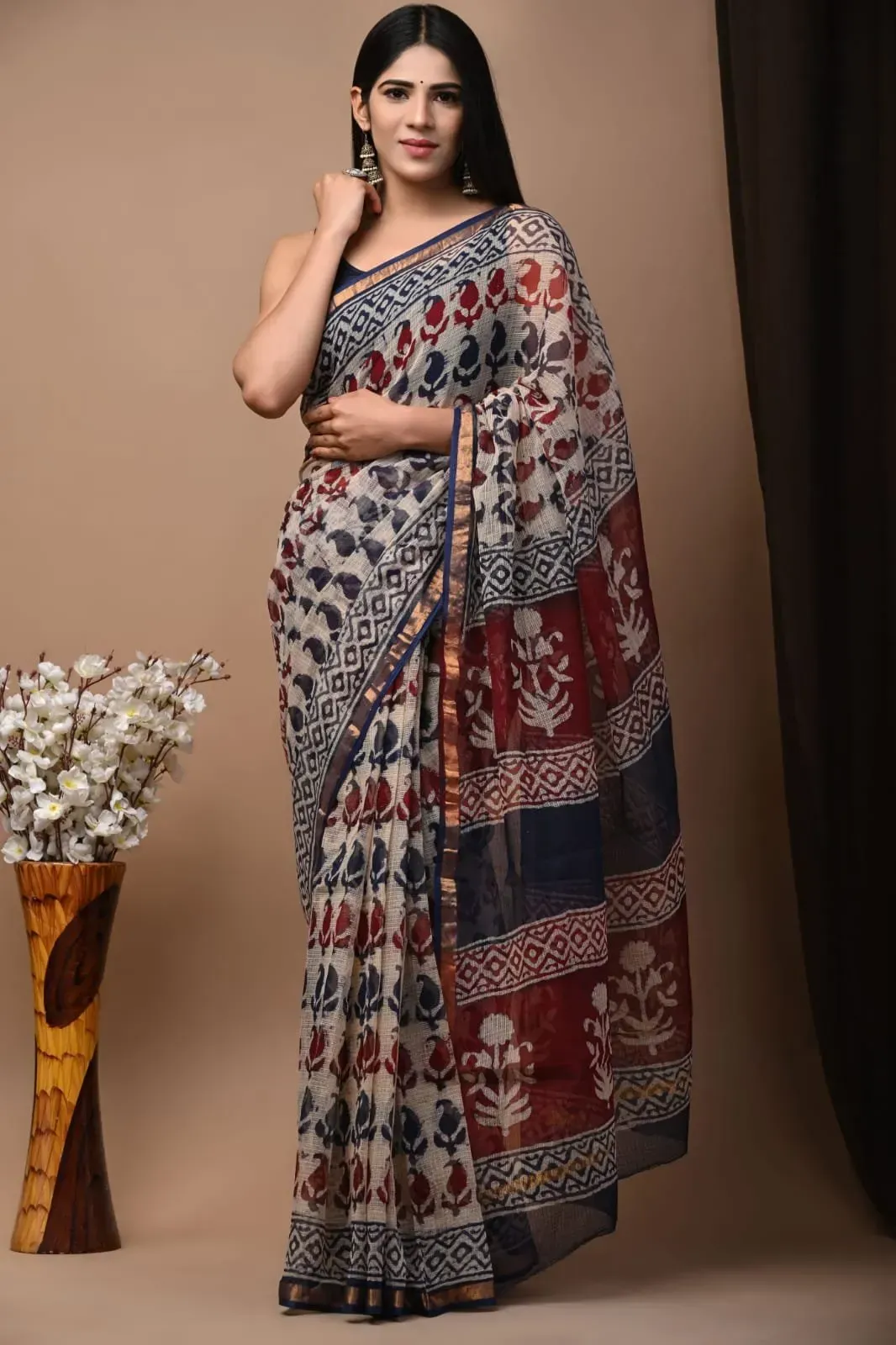 Traditional Block Design Digital Print Kota Doria Cotton Saree | P00079