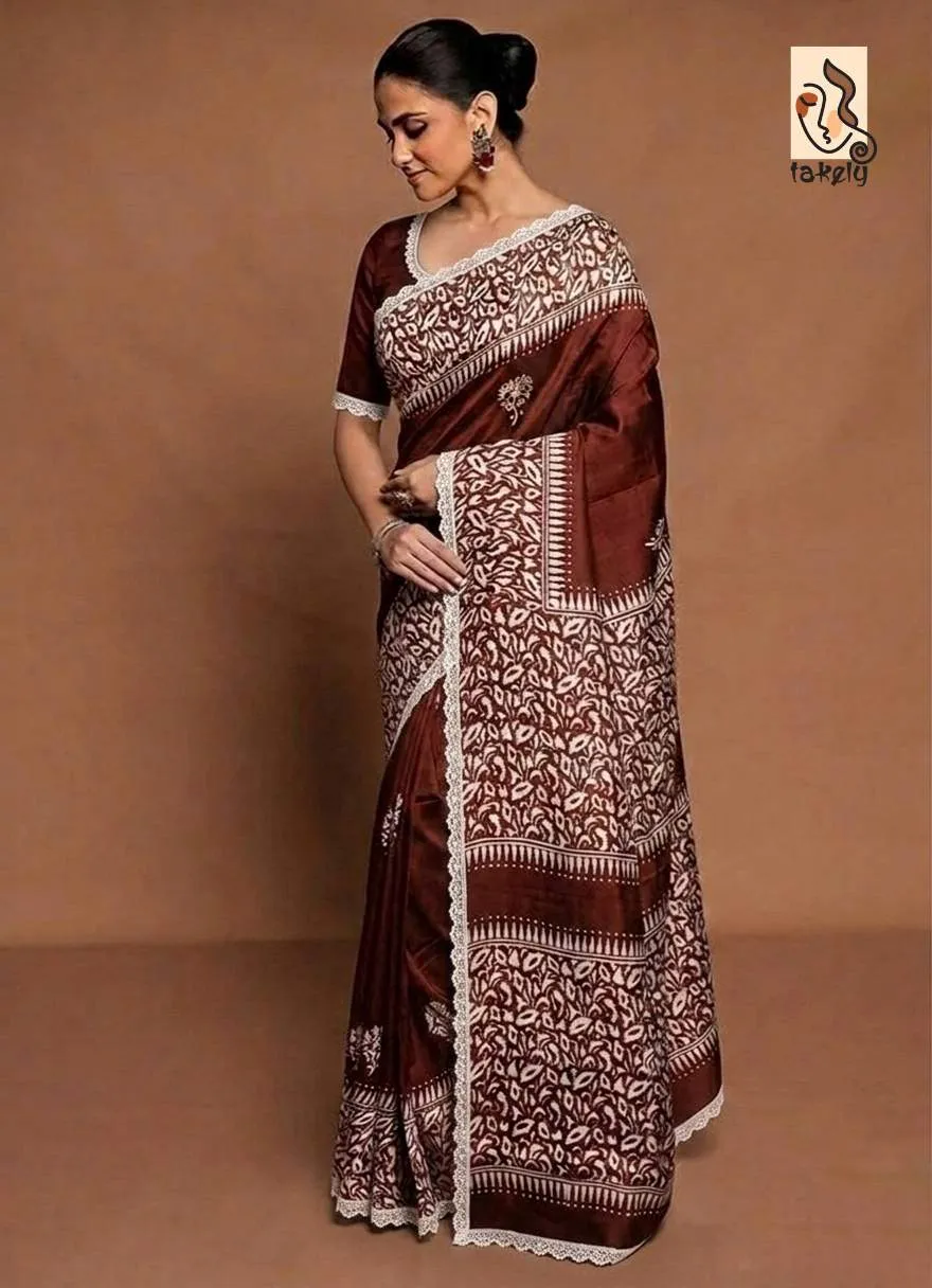 Chocolate Brown Ivory Digital Print Pure Silk Saree With Blouse Piece | P00084