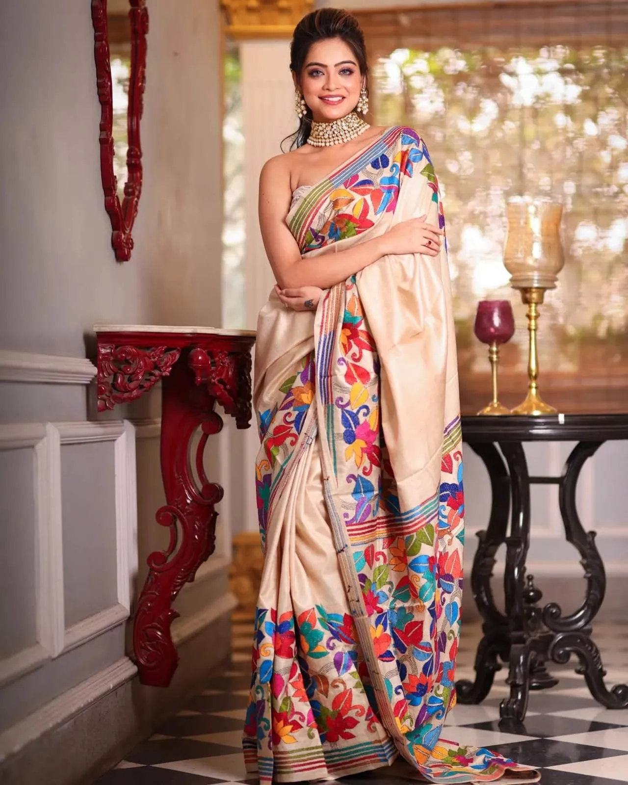 Cream Color Pure Soft Silk Digital Print Saree | P00097
