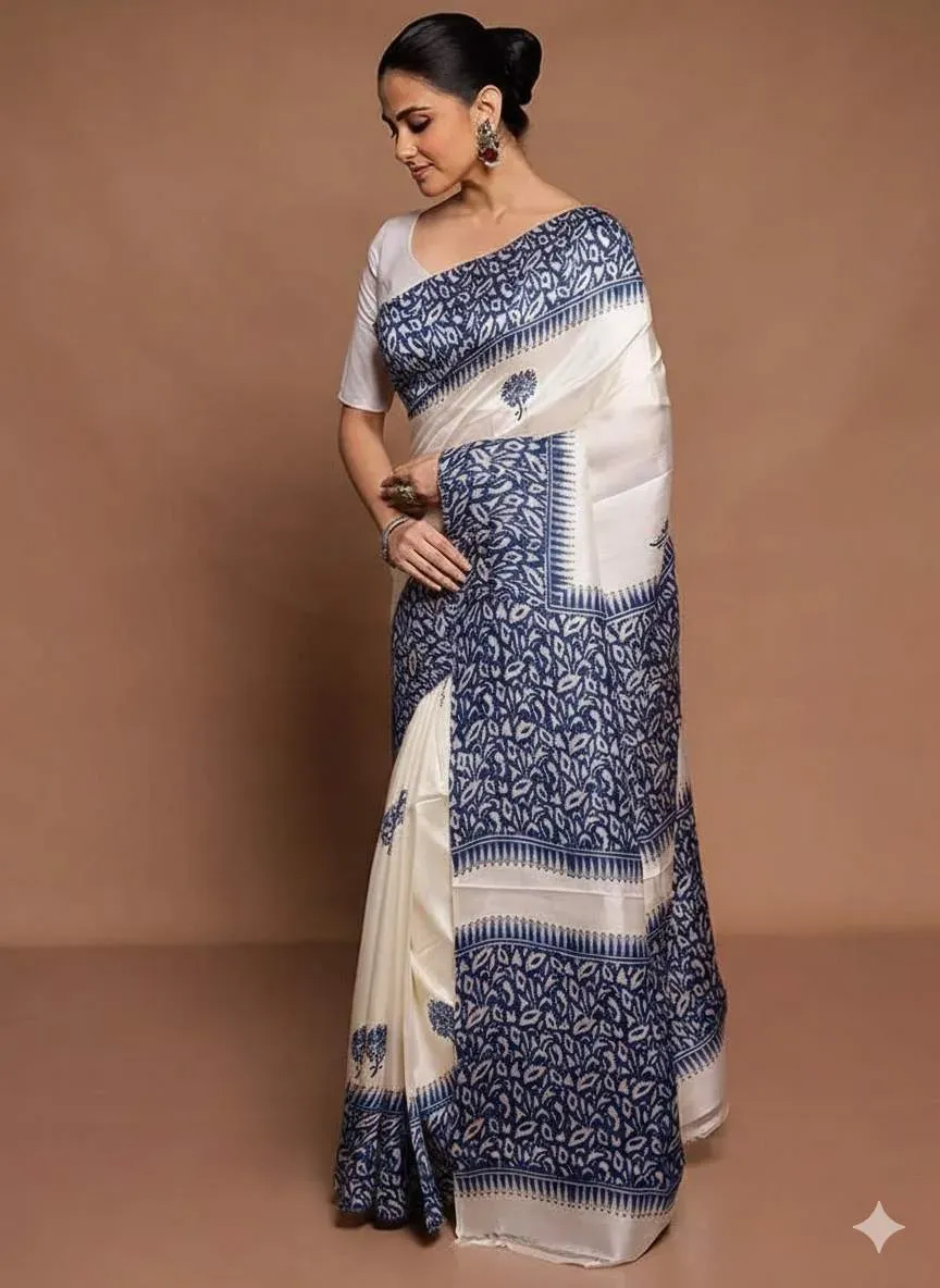 Cream Digital Print Pure Silk Saree With Blouse Piece | P00098