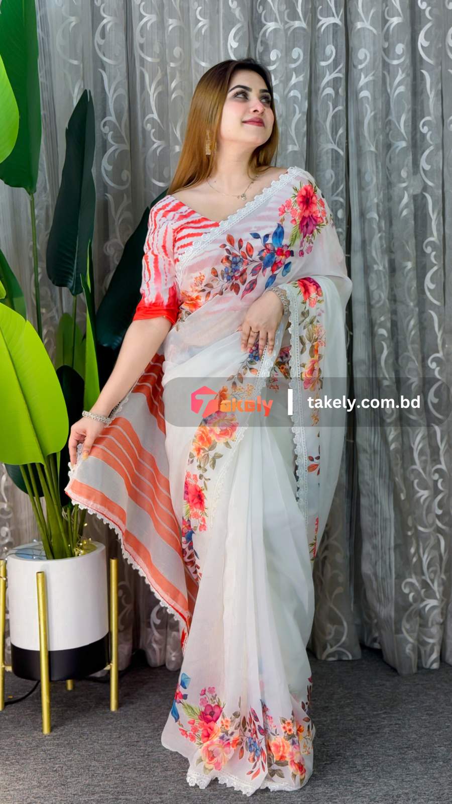 Semi Moslin Silk Lace Work Floral Print Saree With Blouse Piece | BS-01