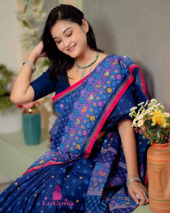 Kath Block And Embroidery Saree With Mirror Work |