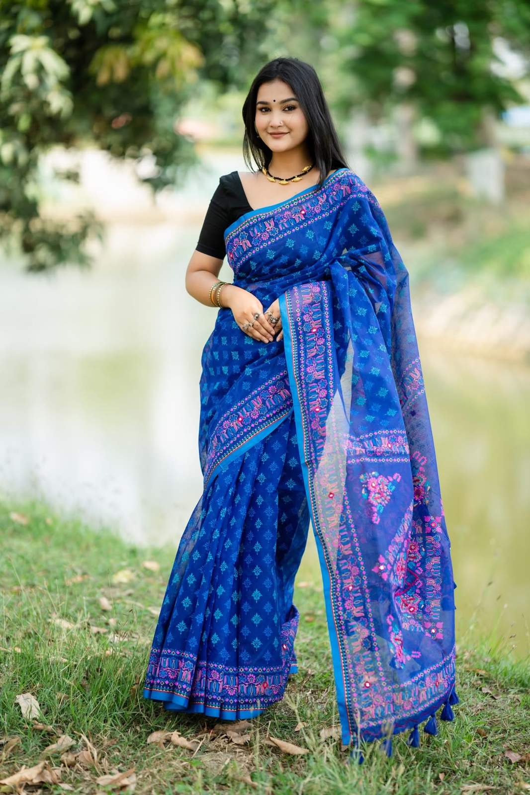 Kath Block And Embroidery Saree With Mirror Work |