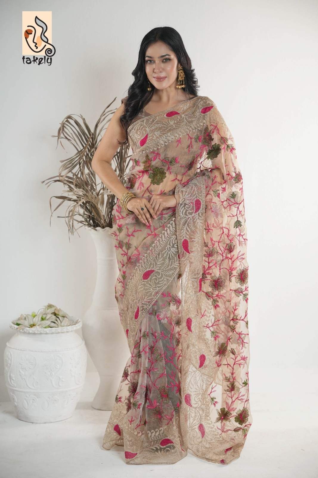 Nude Color Organza Silk Embroidery Saree With Running Blouse | EMB-302