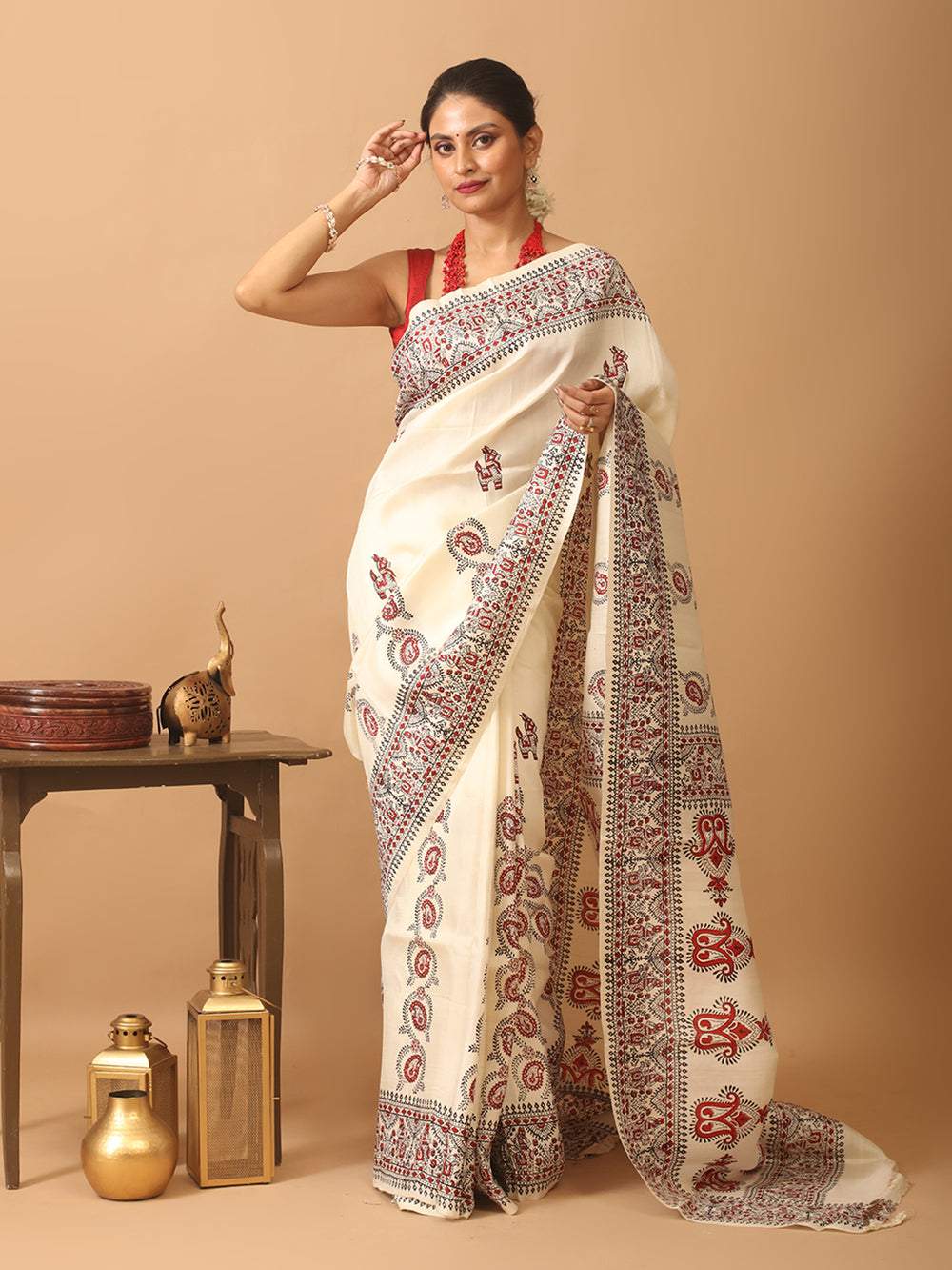 Cream Pure Soft Silk Saree with Red-Black Digital Prints | DG-130