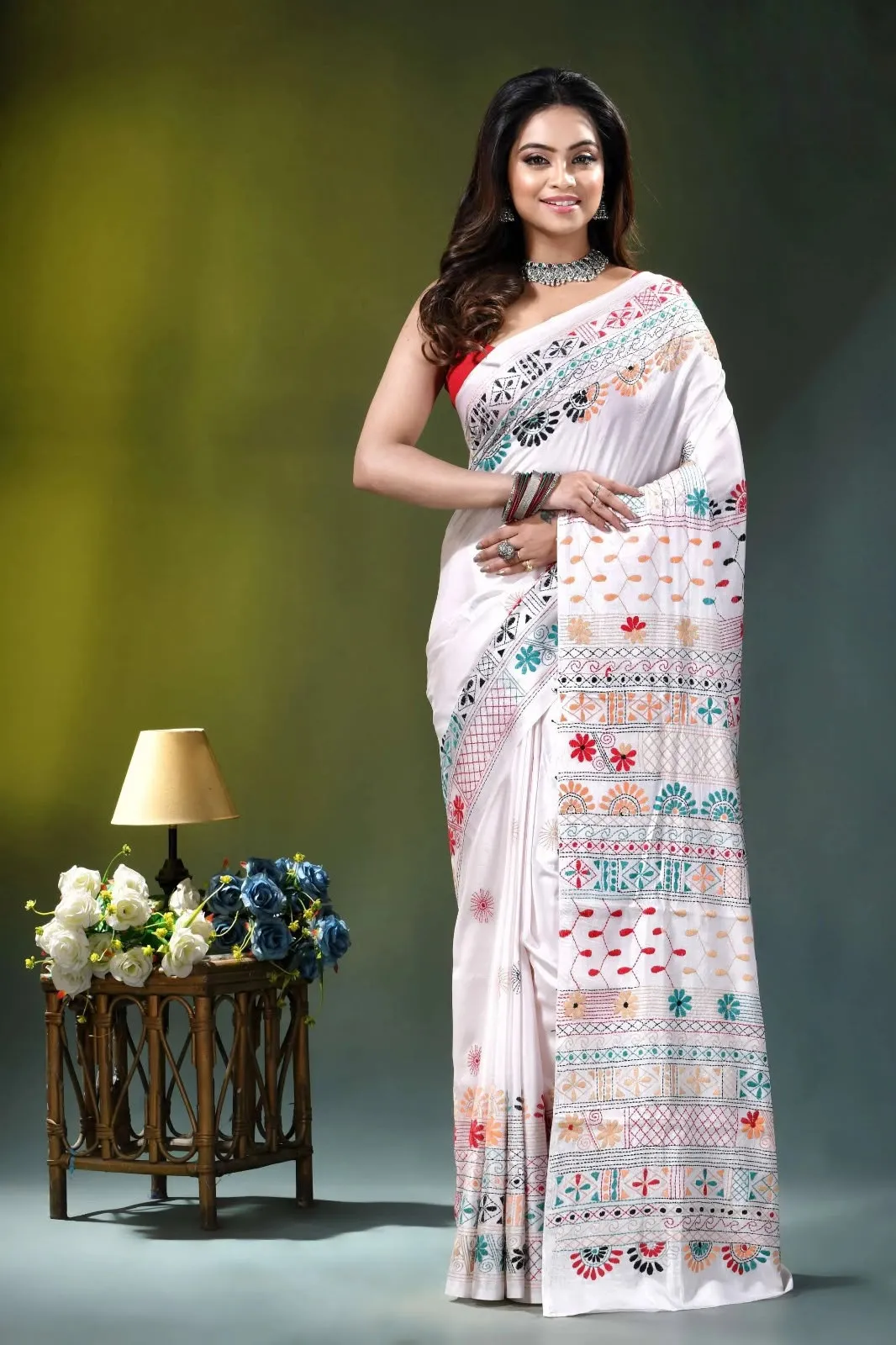 Kantha Stitch Design Digital Printed Pure Silk Saree With Blouse Piece