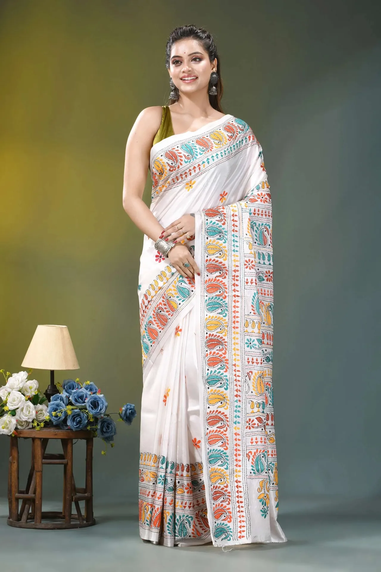 Kantha Stitch Design Digital Printed Pure Silk Saree With Blouse Piece