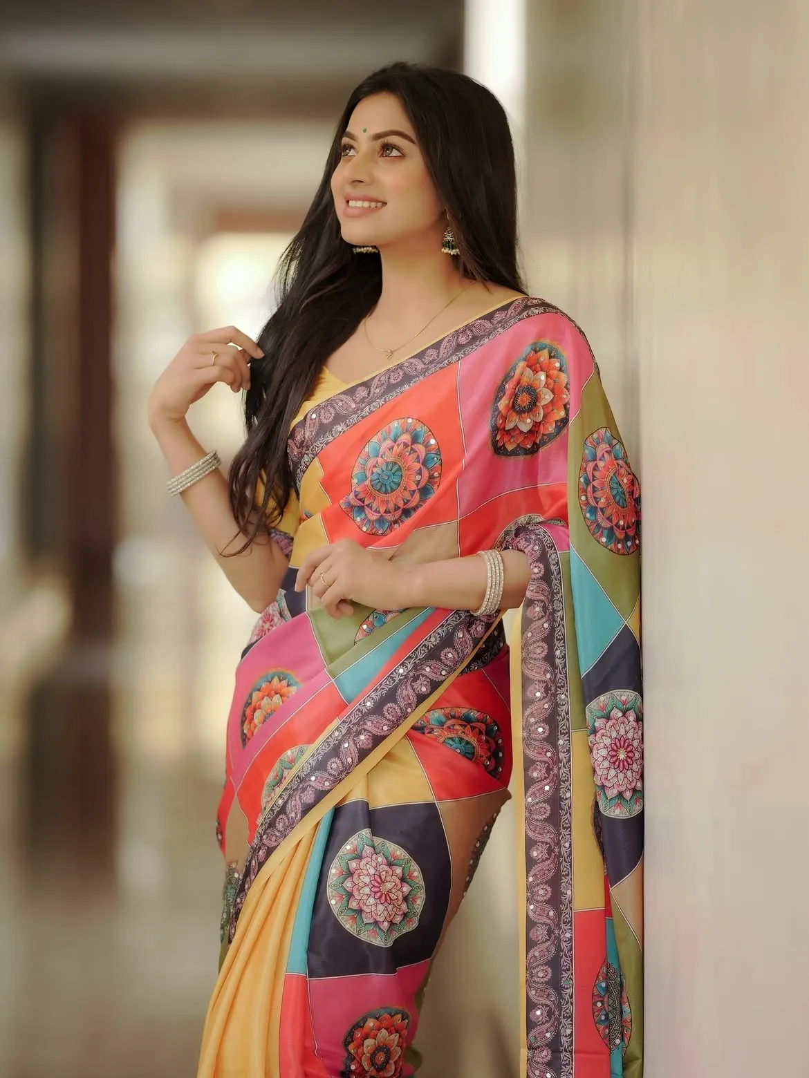 Chanderi Silk Digital Print Saree with Dollar Work