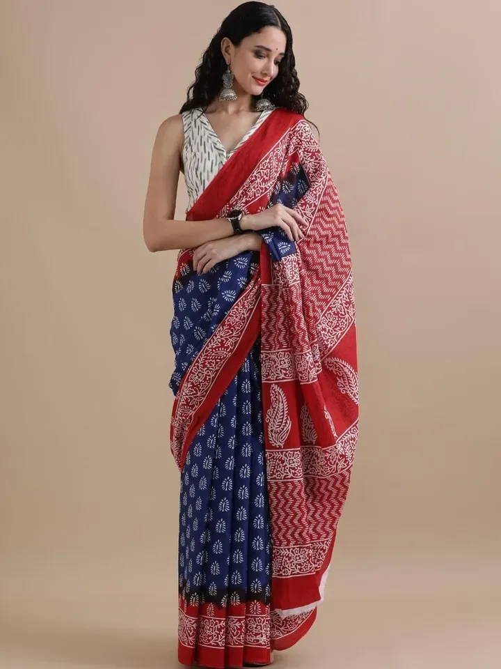 Blue and Red Digital Printed Chanderi Silk Saree