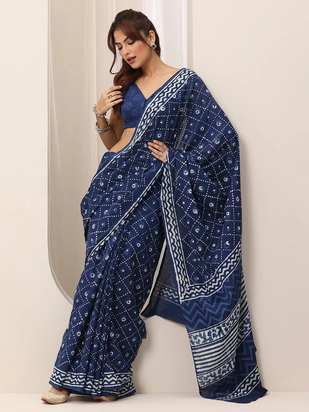 Block Design Digital Printed Chanderi Silk Saree With Unstitched Blouse Piece